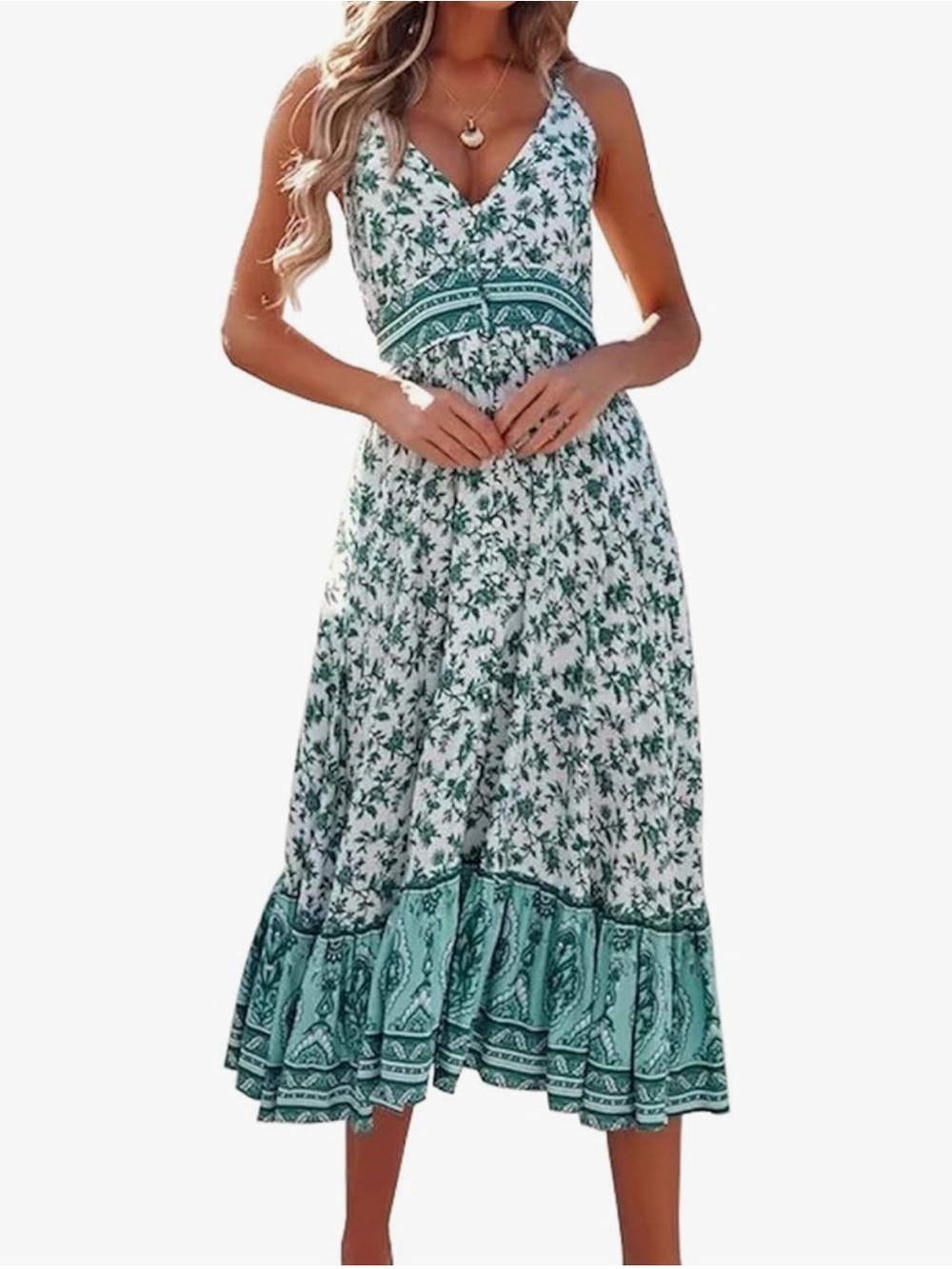 Green Floral V-Neck Midi Dress